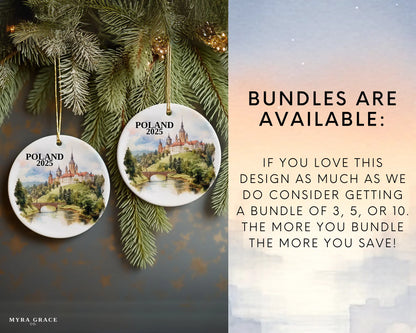 Custom Poland ceramic photo ornament with personalized message – handmade Christmas bauble, gift souvenir, or vacation keepsake. Bundles are available