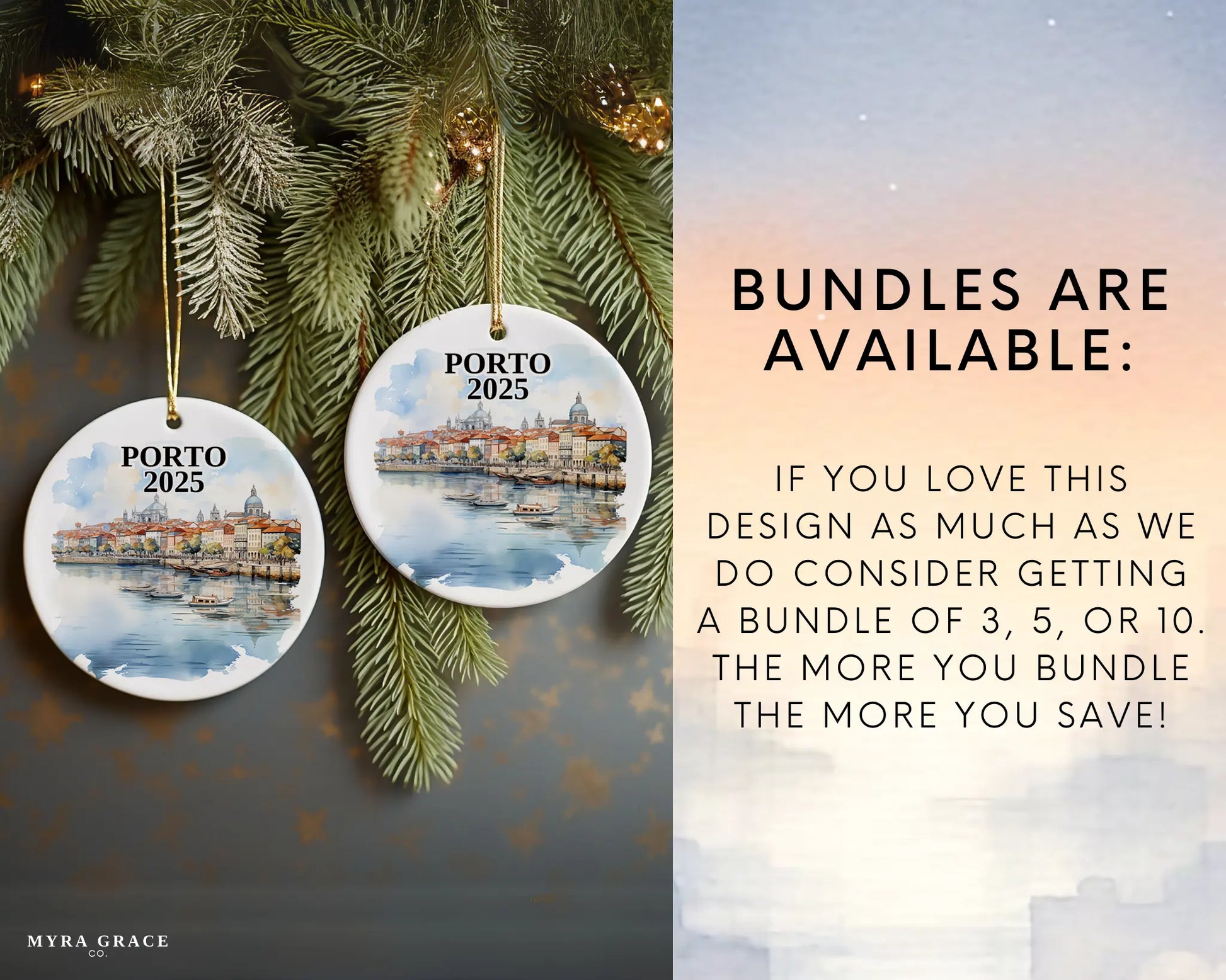 Custom Porto Portugal ceramic photo ornament with personalized message – handmade Christmas bauble, gift souvenir, or vacation keepsake. Bundles are available