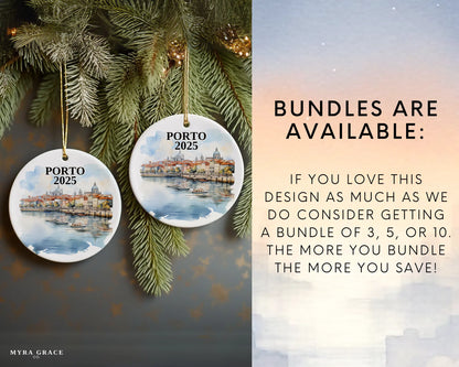 Custom Porto Portugal ceramic photo ornament with personalized message – handmade Christmas bauble, gift souvenir, or vacation keepsake. Bundles are available