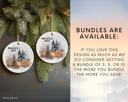 Custom Prague Christmas Market ceramic photo ornament with personalized message – handmade Christmas bauble, gift souvenir, or vacation keepsake. Bundles are available