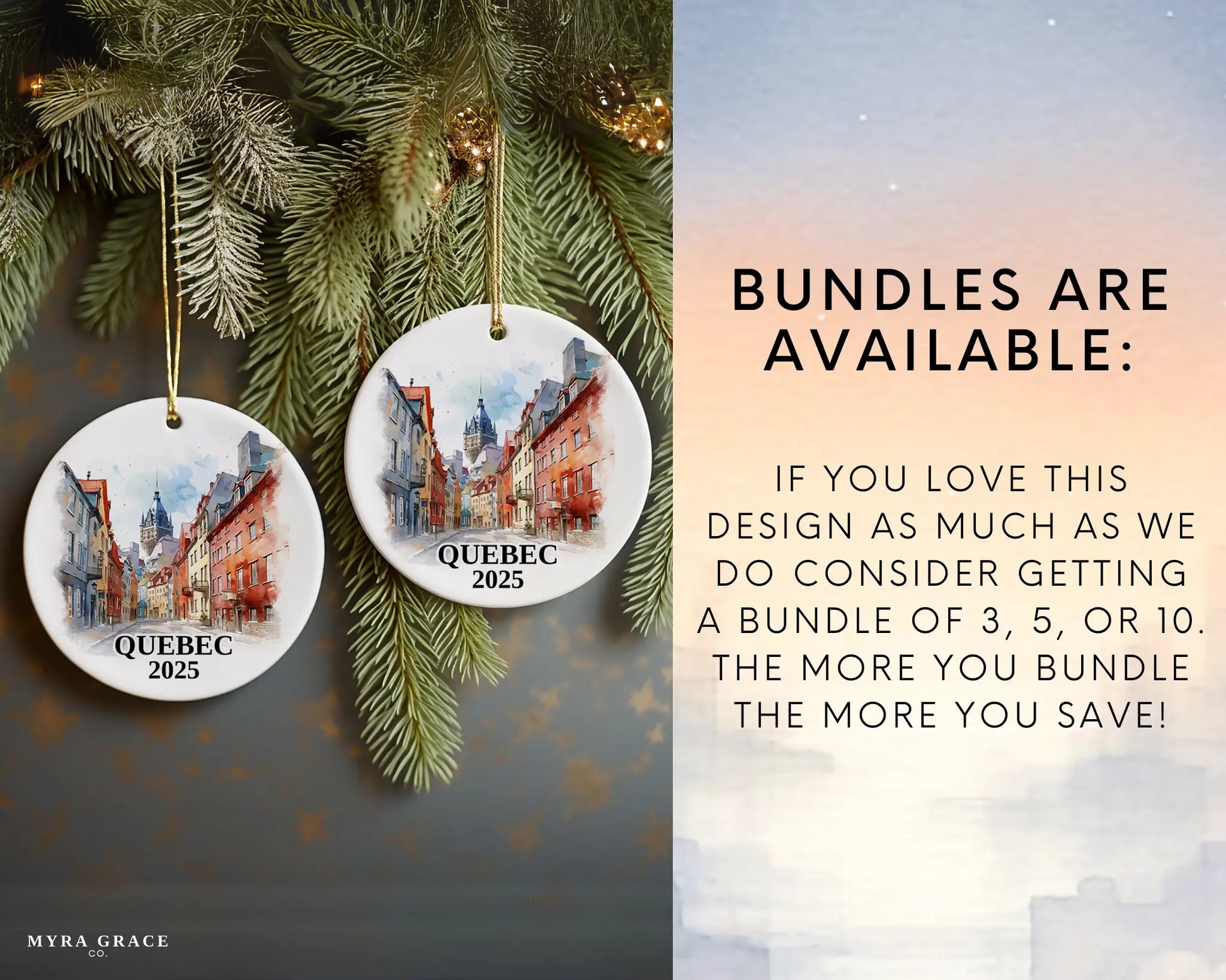 Custom Quebec ceramic photo ornament with personalized message – handmade Christmas bauble, gift souvenir, or vacation keepsake. Bundles are available