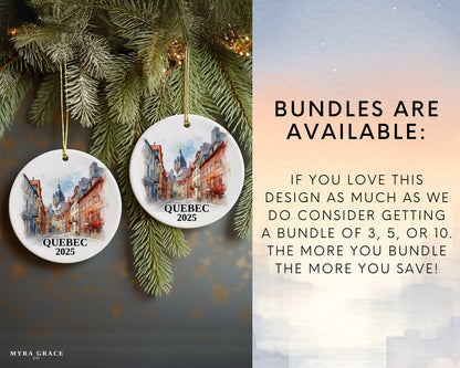 Custom Quebec ceramic photo ornament with personalized message – handmade Christmas bauble, gift souvenir, or vacation keepsake. Bundles are available