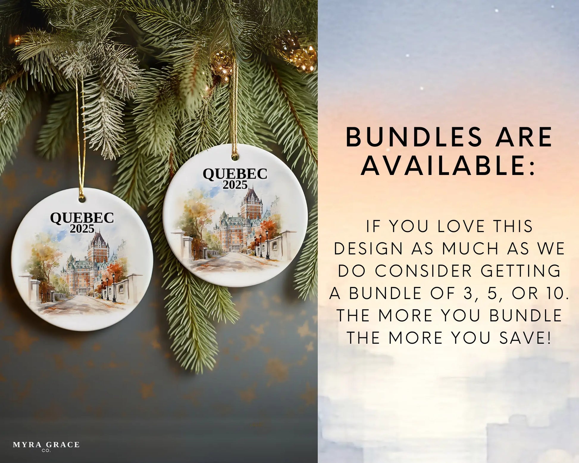 Custom Quebec ceramic photo ornament with personalized message – handmade Christmas bauble, gift souvenir, or vacation keepsake. Bundles are available