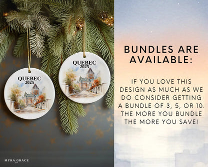 Custom Quebec ceramic photo ornament with personalized message – handmade Christmas bauble, gift souvenir, or vacation keepsake. Bundles are available
