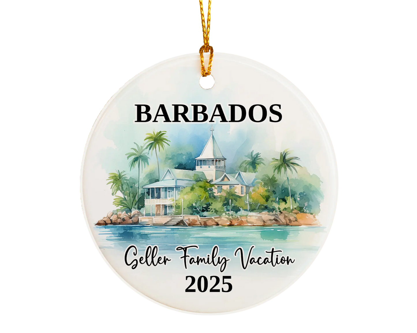 Custom vacation Barbados ceramic photo ornament with personalized message – handmade Christmas bauble, gift souvenir, or vacation keepsake. 