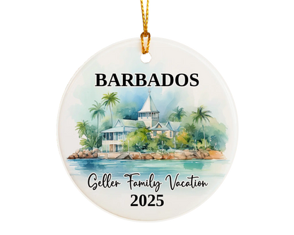 Custom vacation Barbados ceramic photo ornament with personalized message – handmade Christmas bauble, gift souvenir, or vacation keepsake. 