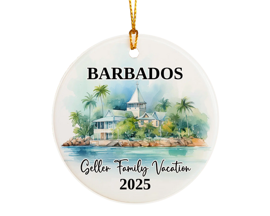 Custom vacation Barbados ceramic photo ornament with personalized message – handmade Christmas bauble, gift souvenir, or vacation keepsake. 