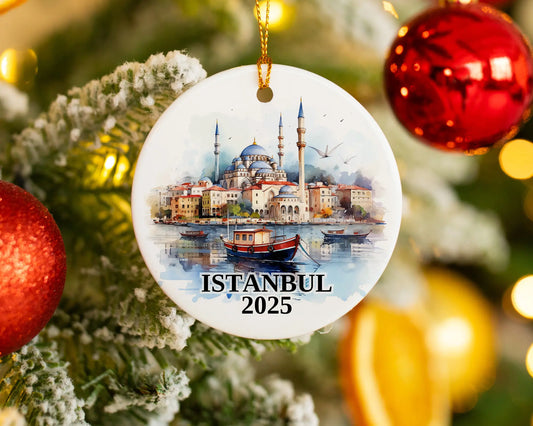 Custom Istanbul Turkey ceramic photo ornament with personalized message – handmade Christmas bauble, gift souvenir, or vacation keepsake.  
