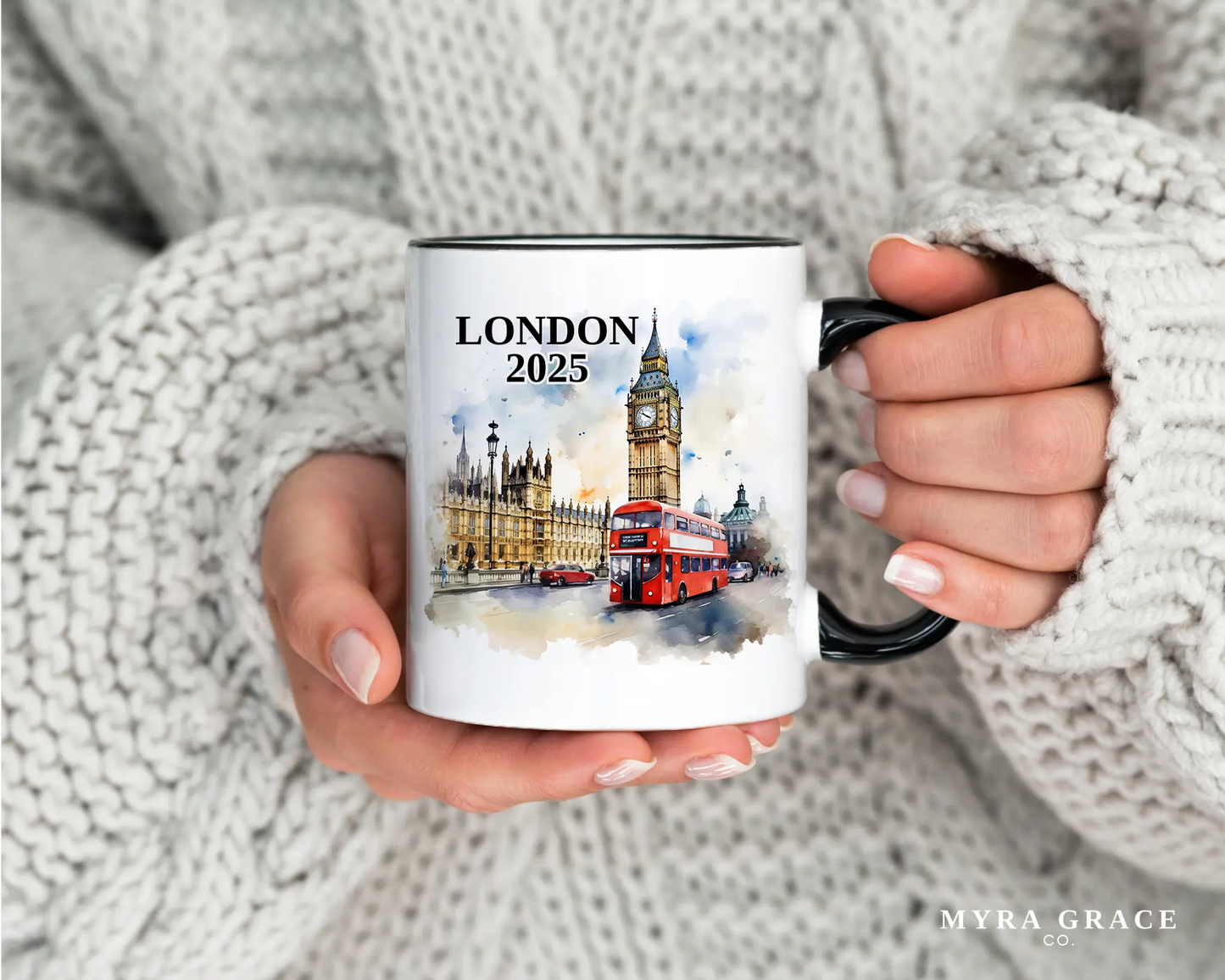 Custom ceramic London vacation mug with watercolor location design, date, and personal photo – personalized travel gift or photo mug. 