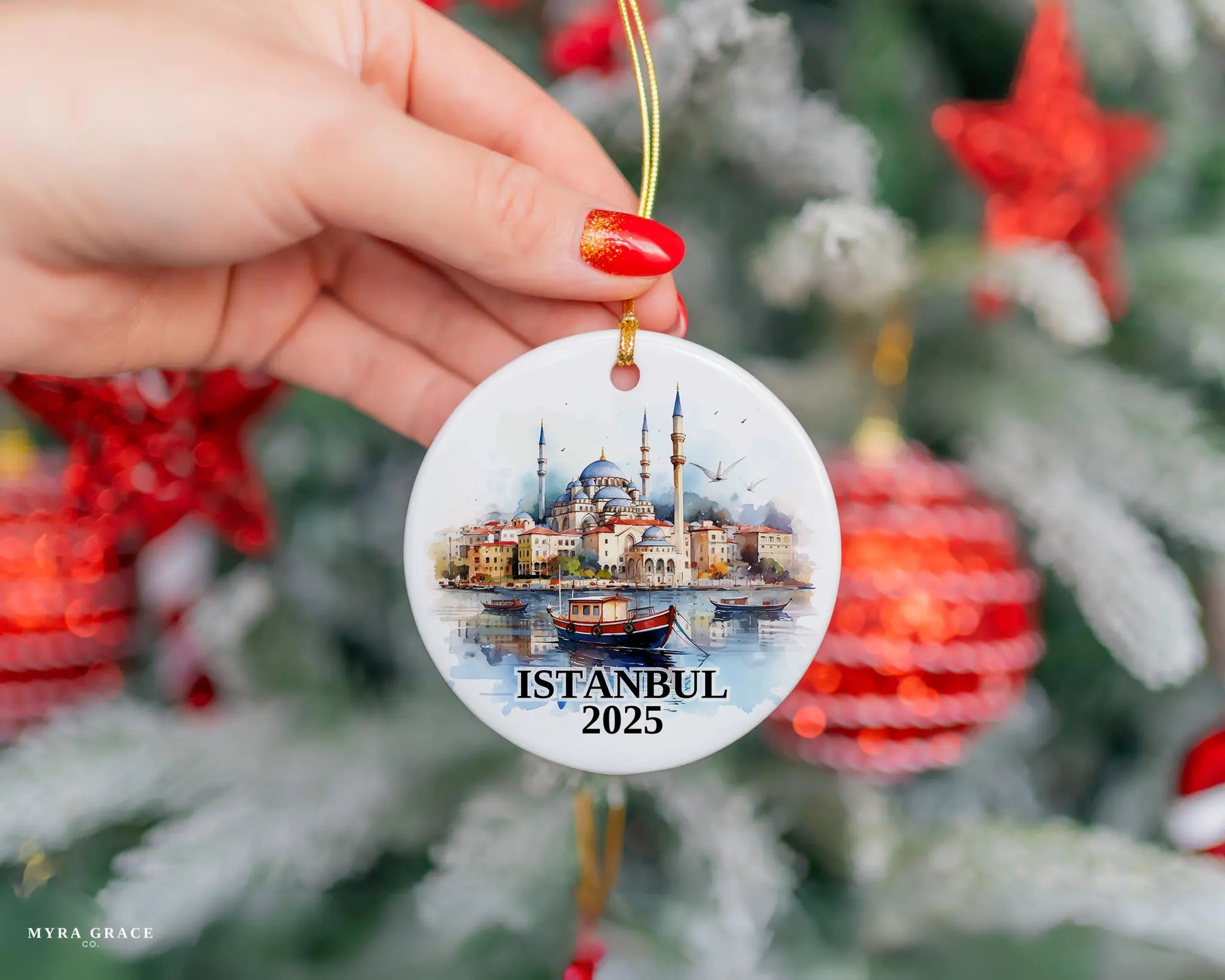 Custom Istanbul Turkey ceramic photo ornament with personalized message – handmade Christmas bauble, gift souvenir, or vacation keepsake.  