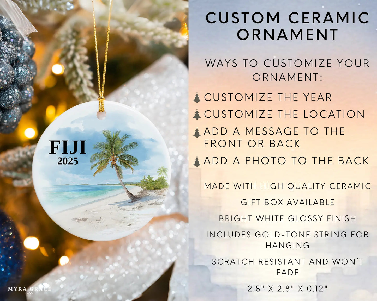 Custom Fiji ceramic photo ornament with personalized message – handmade Christmas bauble, gift souvenir, or vacation keepsake.  Infographic