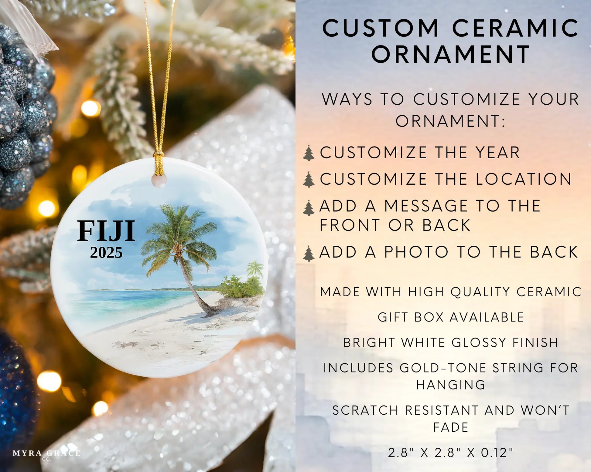 Custom Fiji ceramic photo ornament with personalized message – handmade Christmas bauble, gift souvenir, or vacation keepsake.  Infographic