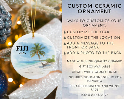 Custom Fiji ceramic photo ornament with personalized message – handmade Christmas bauble, gift souvenir, or vacation keepsake.  Infographic