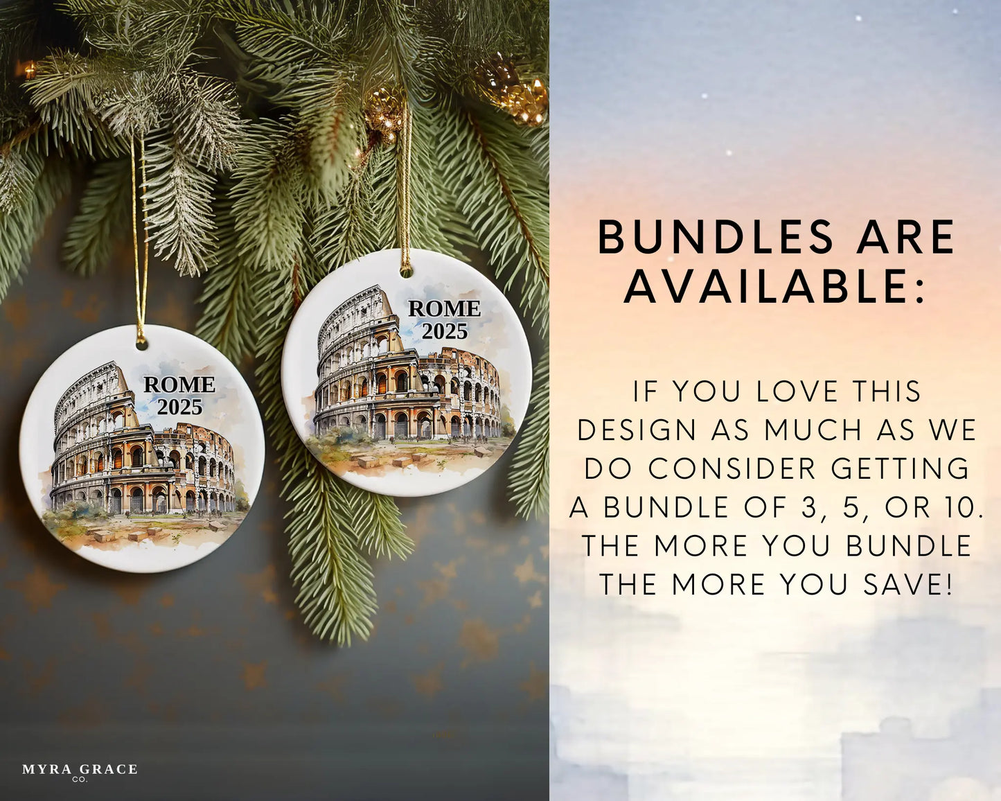Custom Rome colosseum ceramic photo ornament with personalized message – handmade Christmas bauble, gift souvenir, or vacation keepsake. Bundles are available