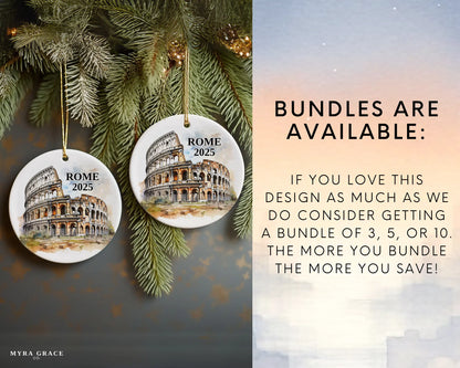 Custom Rome colosseum ceramic photo ornament with personalized message – handmade Christmas bauble, gift souvenir, or vacation keepsake. Bundles are available