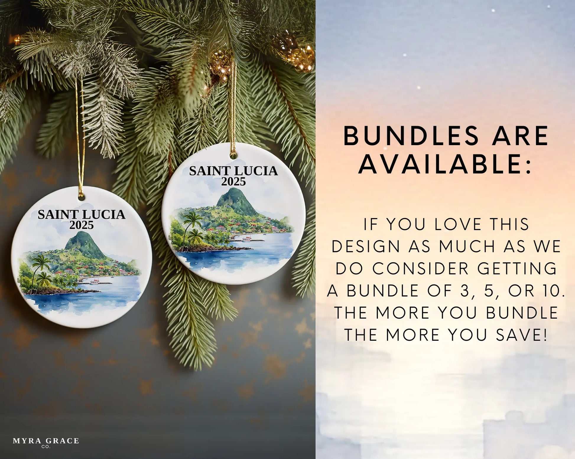 Custom Saint Lucia ceramic photo ornament with personalized message – handmade Christmas bauble, gift souvenir, or vacation keepsake. Bundles are available