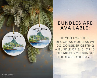 Custom Saint Lucia ceramic photo ornament with personalized message – handmade Christmas bauble, gift souvenir, or vacation keepsake. Bundles are available