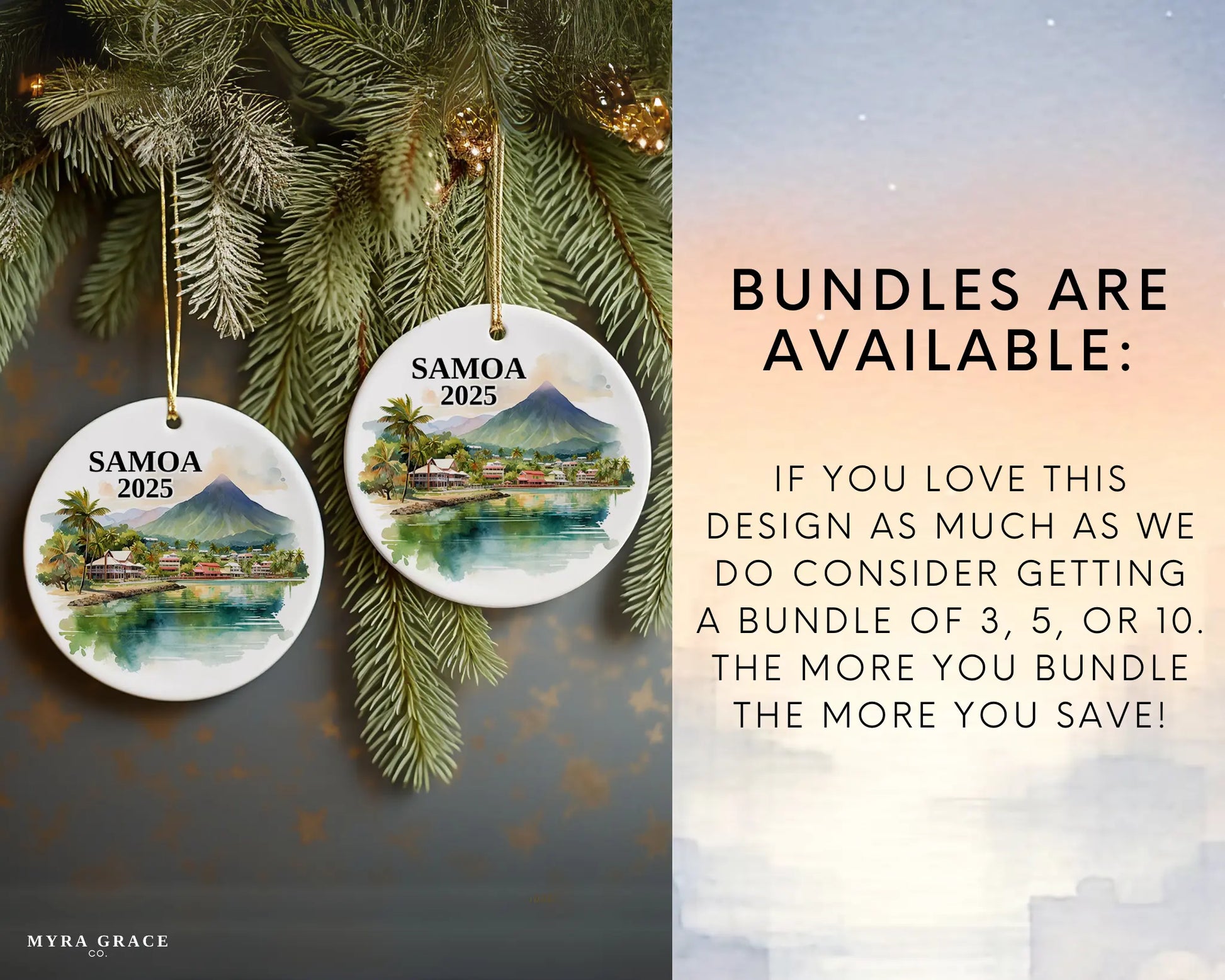 Custom Samoa ceramic photo ornament with personalized message – handmade Christmas bauble, gift souvenir, or vacation keepsake. Bundles are available
