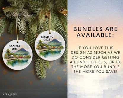Custom Samoa ceramic photo ornament with personalized message – handmade Christmas bauble, gift souvenir, or vacation keepsake. Bundles are available