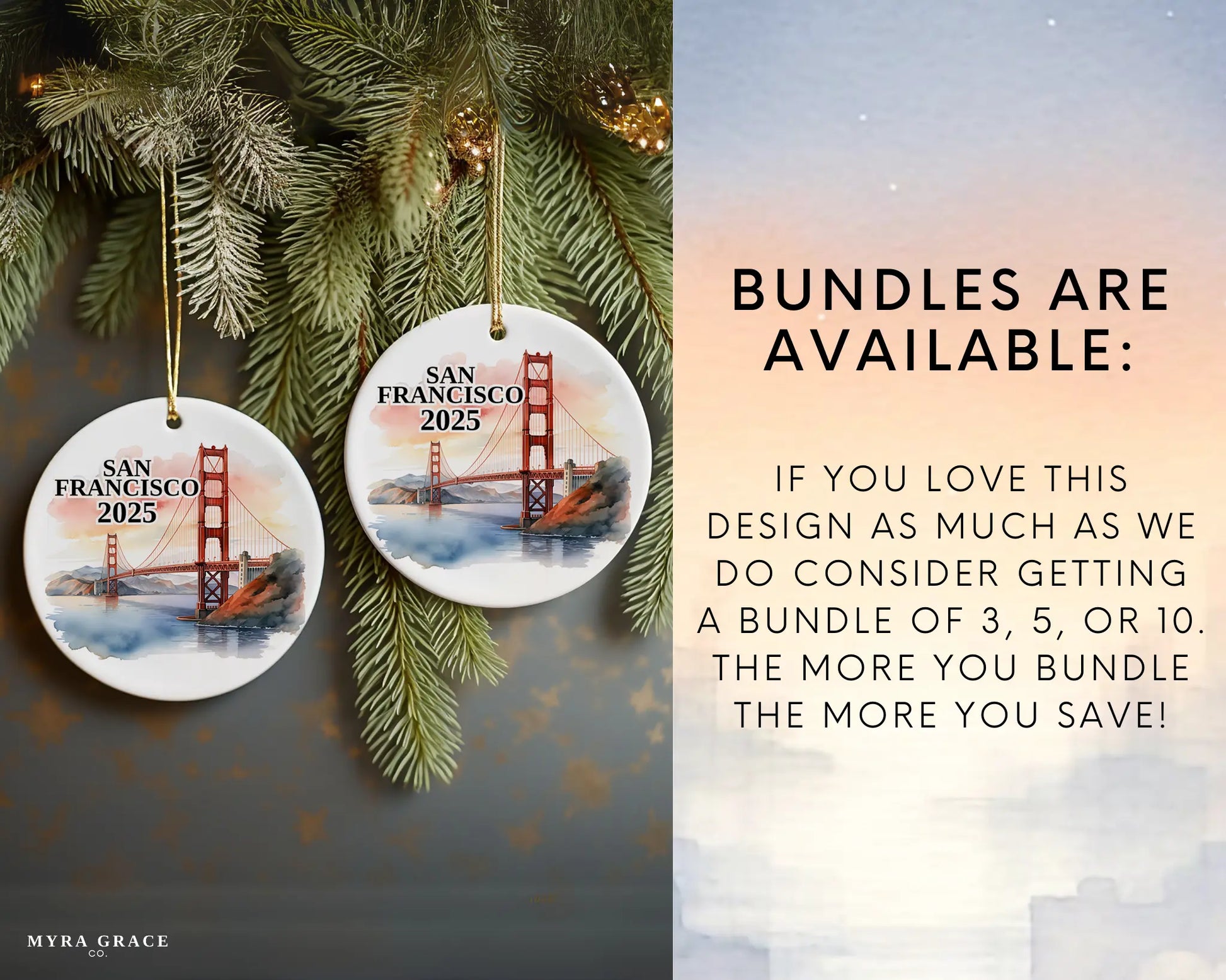 Custom San Francisco ceramic photo ornament with personalized message – handmade Christmas bauble, gift souvenir, or vacation keepsake. Bundles are available
