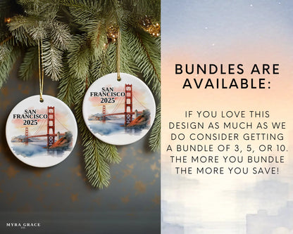 Custom San Francisco ceramic photo ornament with personalized message – handmade Christmas bauble, gift souvenir, or vacation keepsake. Bundles are available
