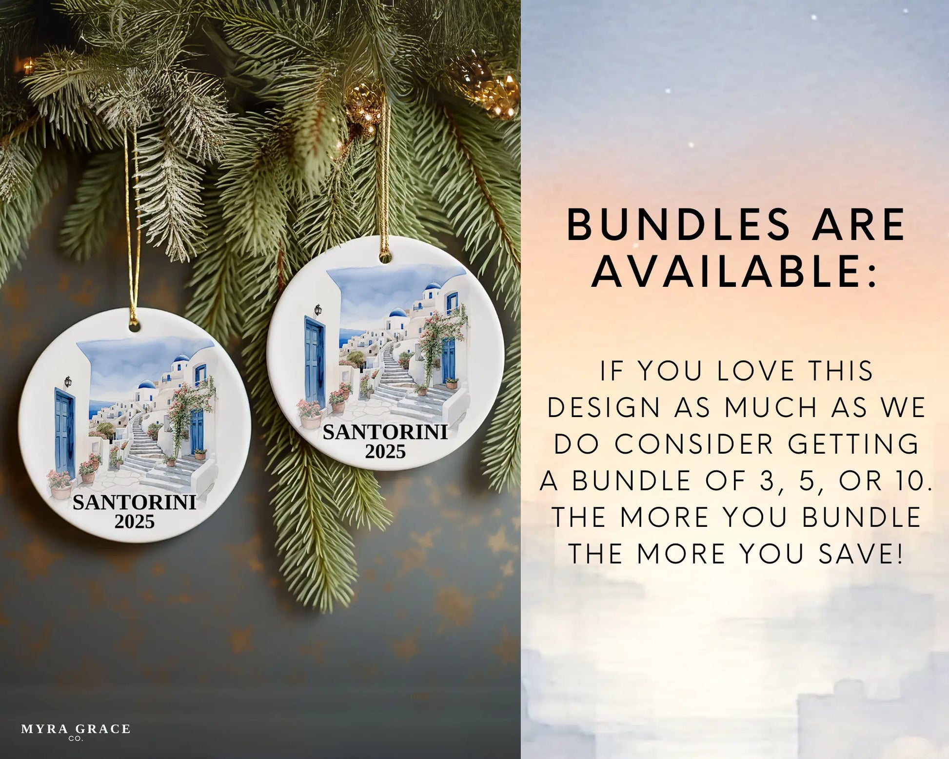 Custom Santorini Greece ceramic photo ornament with personalized message – handmade Christmas bauble, gift souvenir, or vacation keepsake. Bundles are available