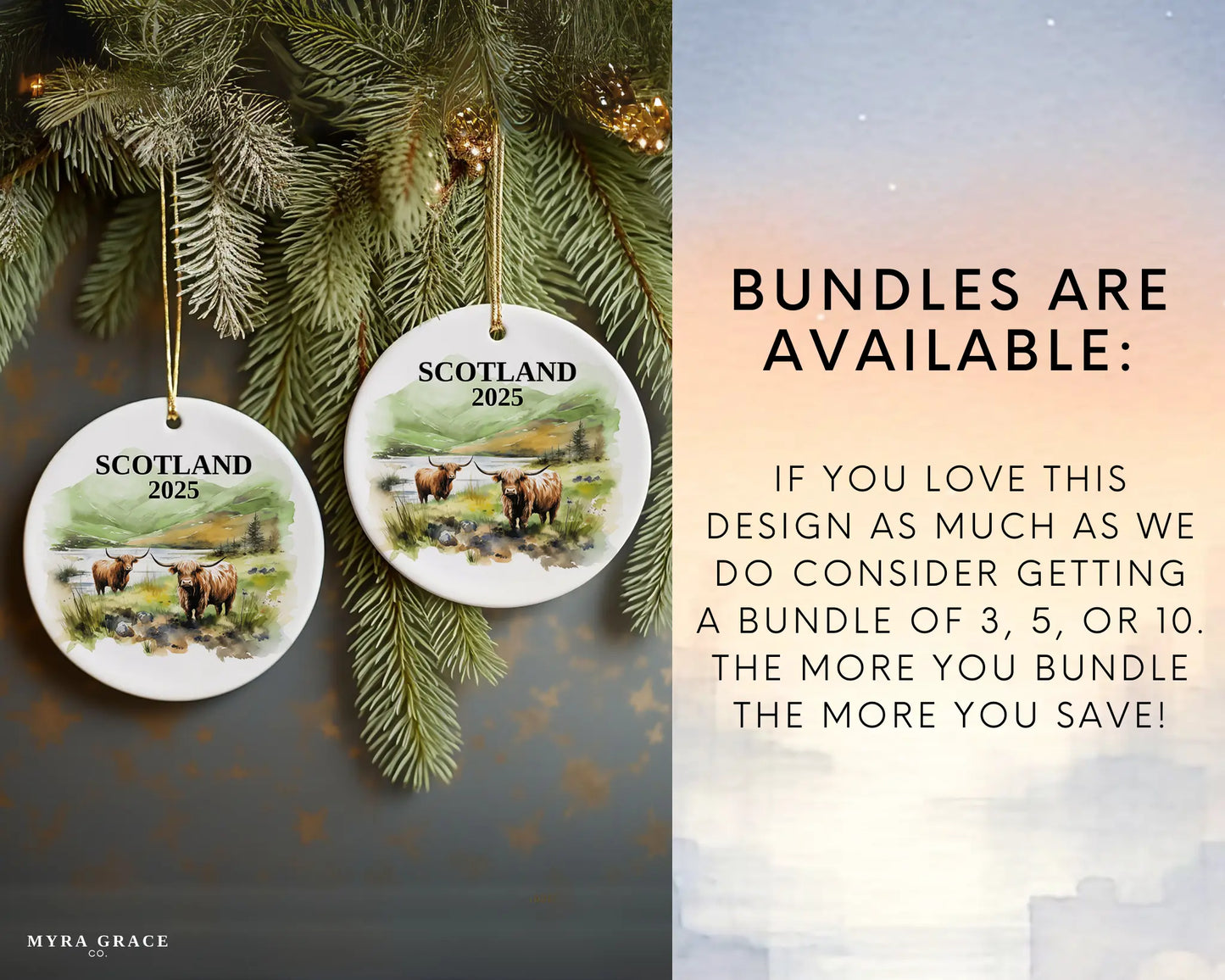 Custom Scotland Highland Cows ceramic photo ornament with personalized message – handmade Christmas bauble, gift souvenir, or vacation keepsake. Bundles are available