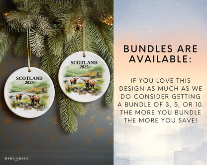 Custom Scotland Highland Cows ceramic photo ornament with personalized message – handmade Christmas bauble, gift souvenir, or vacation keepsake. Bundles are available