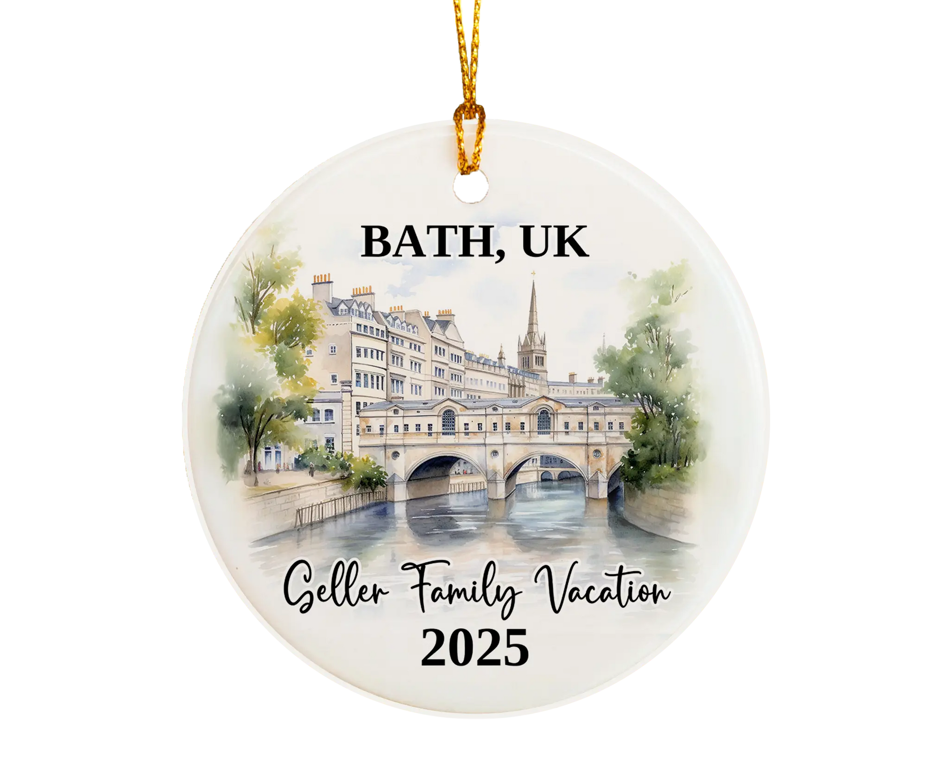 Custom vacation Bath UK ceramic photo ornament with personalized message – handmade Christmas bauble, gift souvenir, or vacation keepsake. 