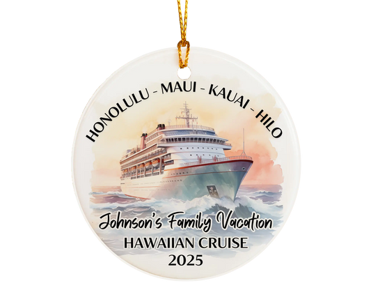 Handmade ceramic Hawaii cruise ornament with personalized location and photo – custom Christmas bauble or cruise vacation souvenir.
