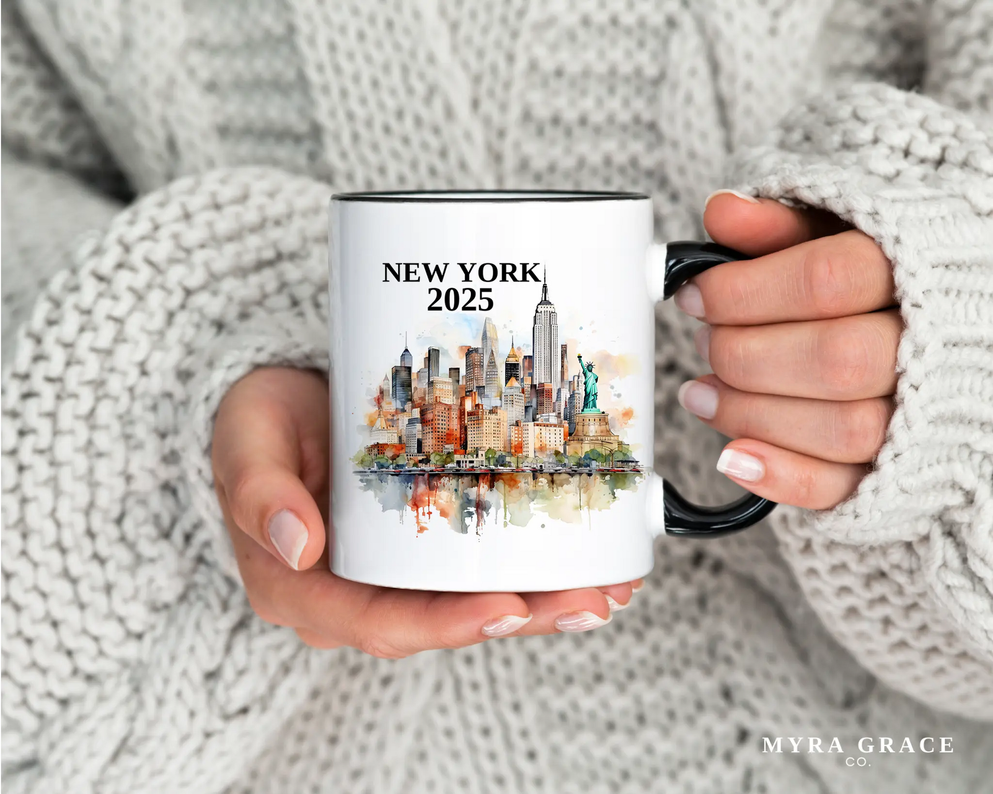 Custom ceramic New York vacation mug with watercolor location design, date, and personal photo – personalized travel gift or photo mug. 