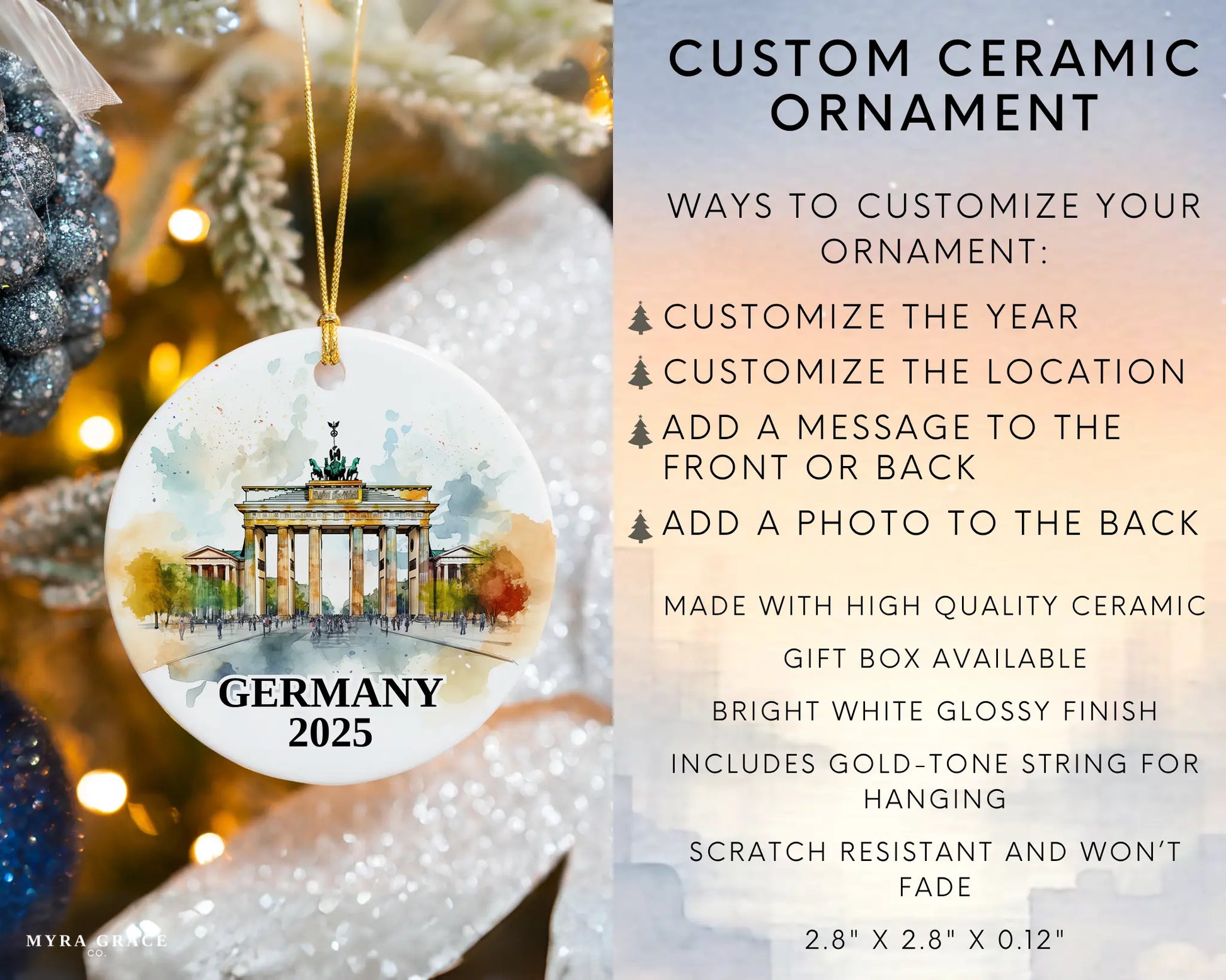 Custom Germany Berlin Gate ceramic photo ornament with personalized message – handmade Christmas bauble, gift souvenir, or vacation keepsake.  Infographic