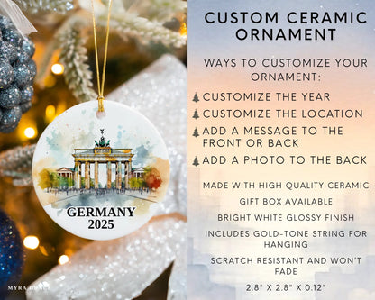 Custom Germany Berlin Gate ceramic photo ornament with personalized message – handmade Christmas bauble, gift souvenir, or vacation keepsake.  Infographic