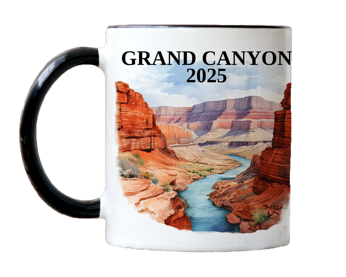 Custom ceramic Grand Canyon vacation mug with watercolor location design, date, and personal photo – personalized travel gift or photo mug. 