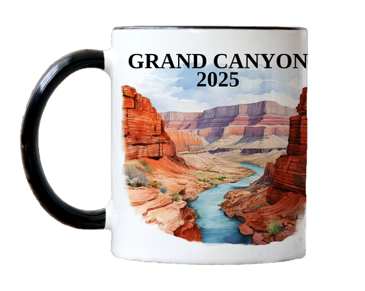 Custom ceramic Grand Canyon vacation mug with watercolor location design, date, and personal photo – personalized travel gift or photo mug. 