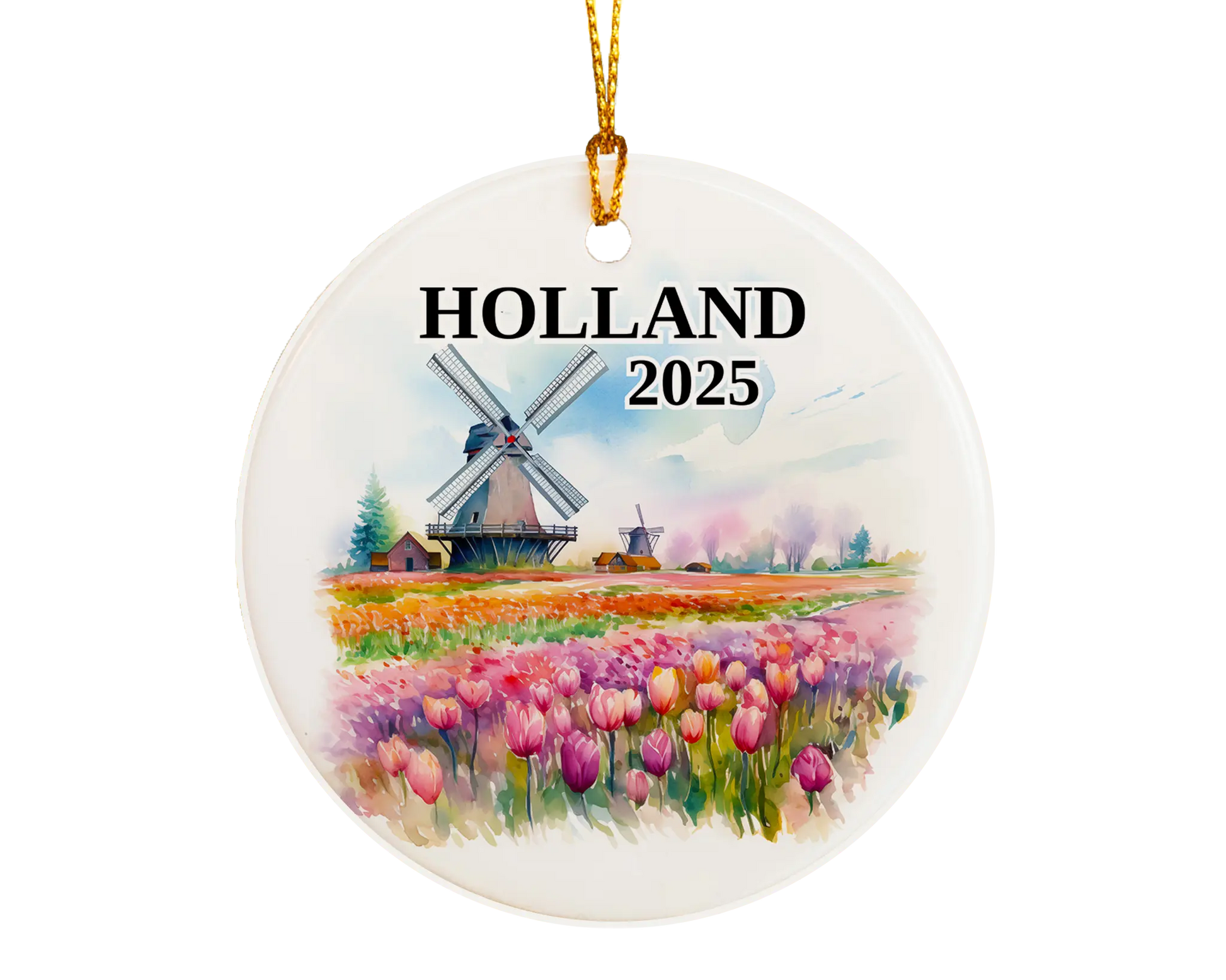 Custom Holland ceramic photo ornament with personalized message – handmade Christmas bauble, gift souvenir, or vacation keepsake.  