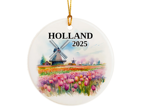Custom Holland ceramic photo ornament with personalized message – handmade Christmas bauble, gift souvenir, or vacation keepsake.  