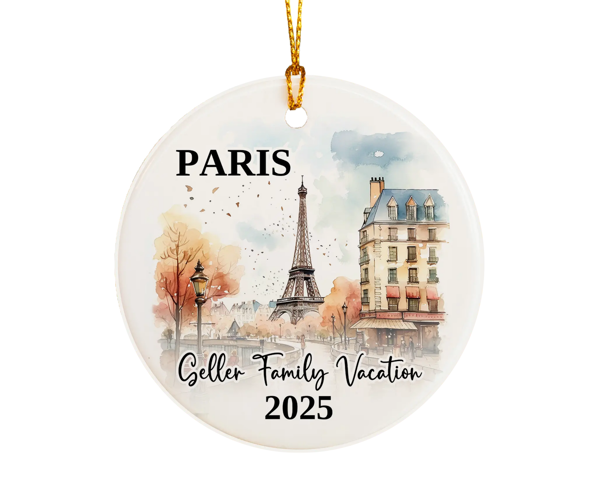 Custom vacation Paris ceramic photo ornament with personalized message – handmade Christmas bauble, gift souvenir, or vacation keepsake. 