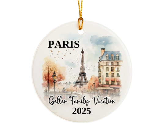 Custom vacation Paris ceramic photo ornament with personalized message – handmade Christmas bauble, gift souvenir, or vacation keepsake. 