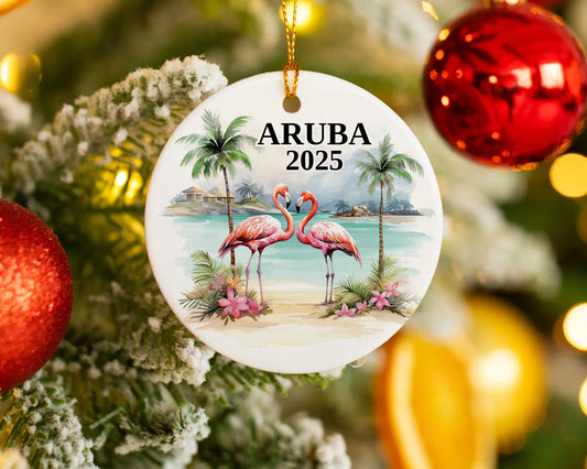 Custom Aruba ceramic photo ornament with personalized message – handmade Christmas bauble, gift souvenir, or vacation keepsake.