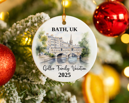 Custom vacation Bath UK ceramic photo ornament with personalized message – handmade Christmas bauble, gift souvenir, or vacation keepsake. 