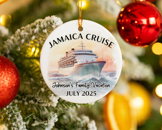 Handmade ceramic Jamaica cruise ornament with personalized location and photo – custom Christmas bauble or cruise vacation souvenir.
