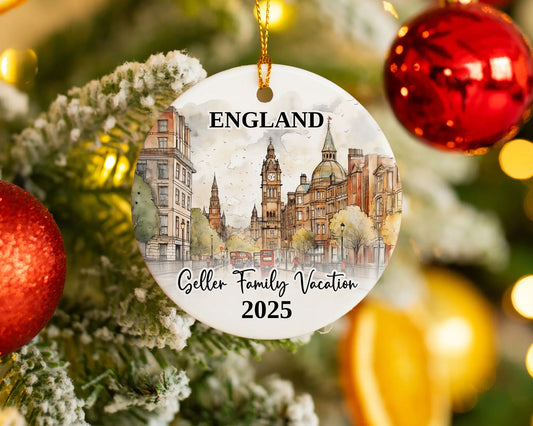 Custom vacation England ceramic photo ornament with personalized message – handmade Christmas bauble, gift souvenir, or vacation keepsake. 