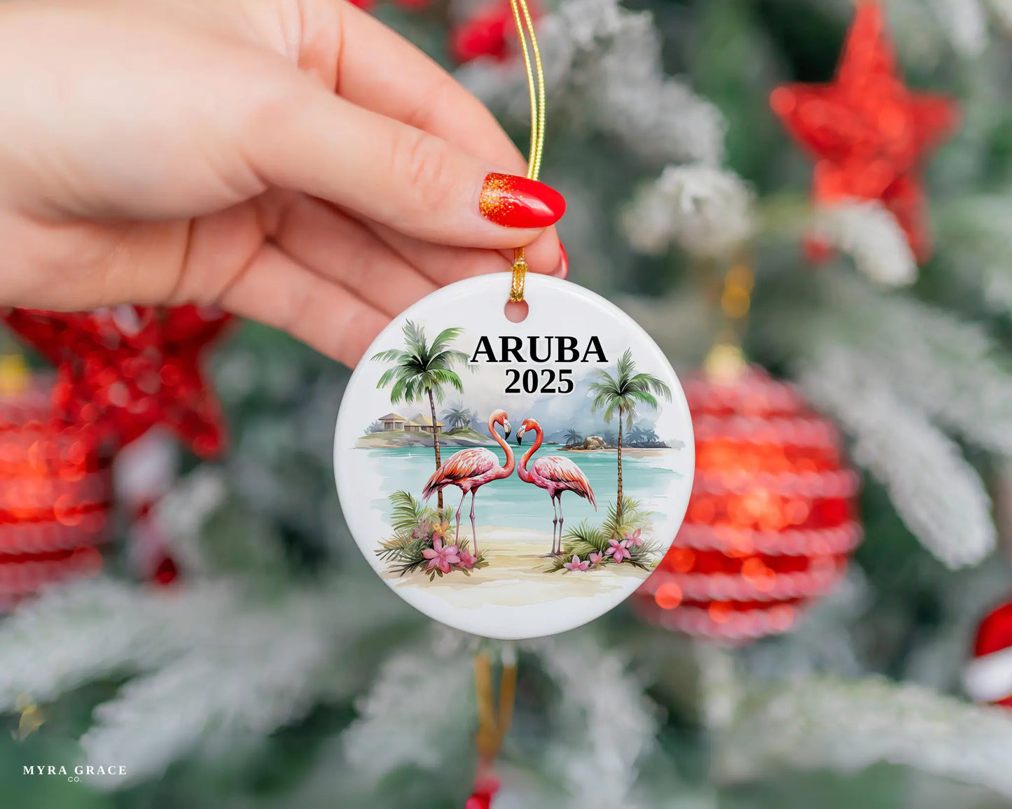 Custom Aruba ceramic photo ornament with personalized message – handmade Christmas bauble, gift souvenir, or vacation keepsake.