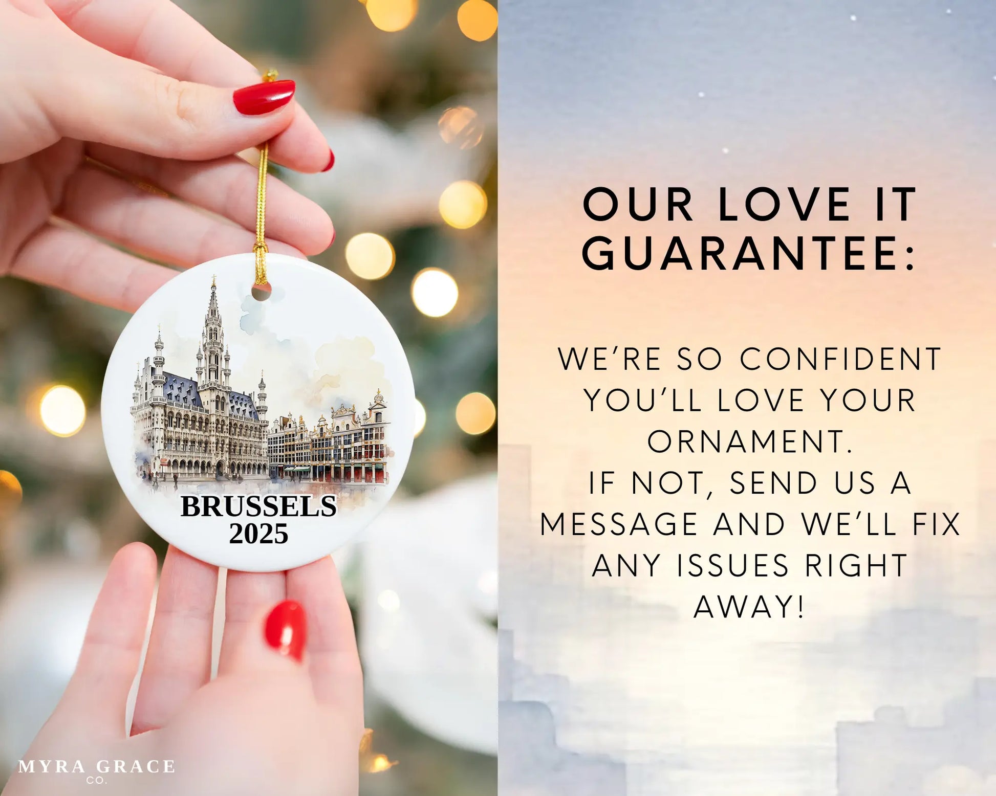 Custom Brussels Belgium ceramic photo ornament with personalized message – handmade Christmas bauble, gift souvenir, or vacation keepsake. Love it guarantee