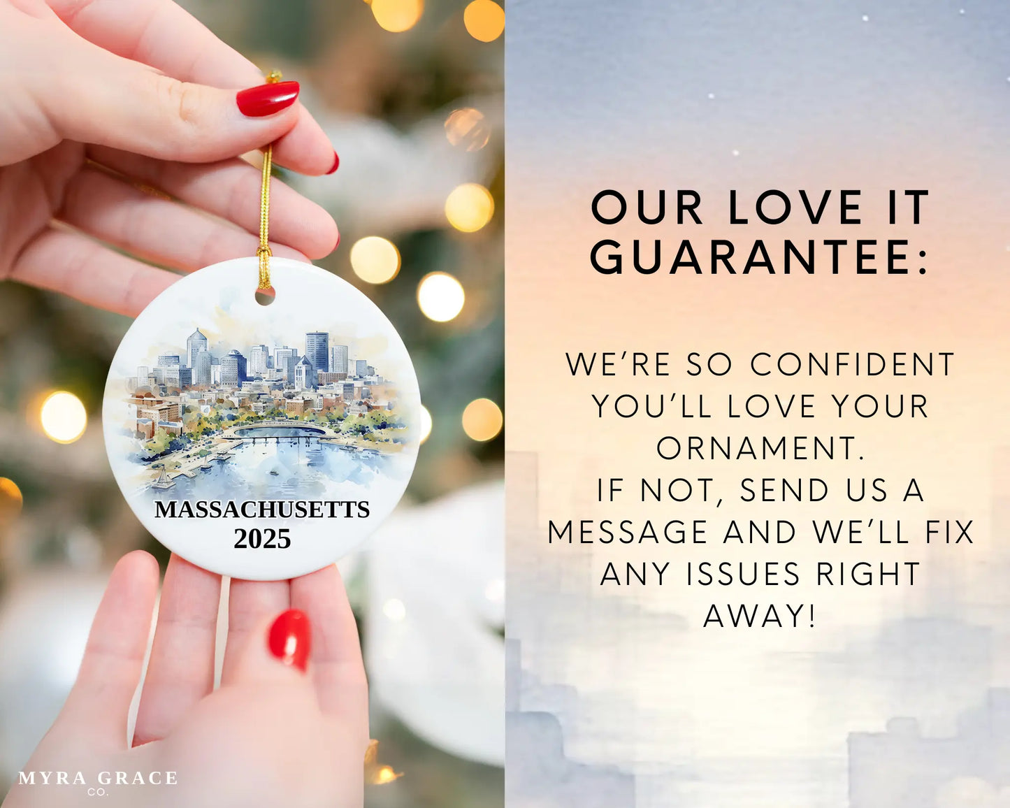 Massachusetts Ornament Custom Gift Souvenir Bauble. Custom Massachusetts ceramic photo ornament with personalized message – handmade Christmas bauble, gift souvenir, or vacation keepsake.  Love it guarantee