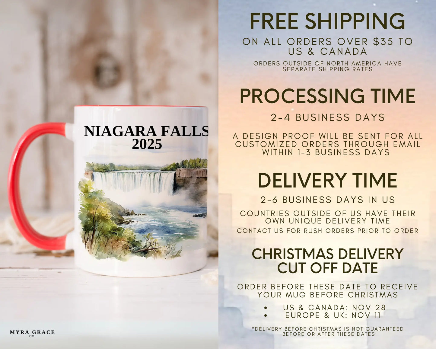 Custom ceramic Niagara Falls vacation mug with watercolor location design, date, and personal photo – personalized travel gift or photo mug. Free shipping