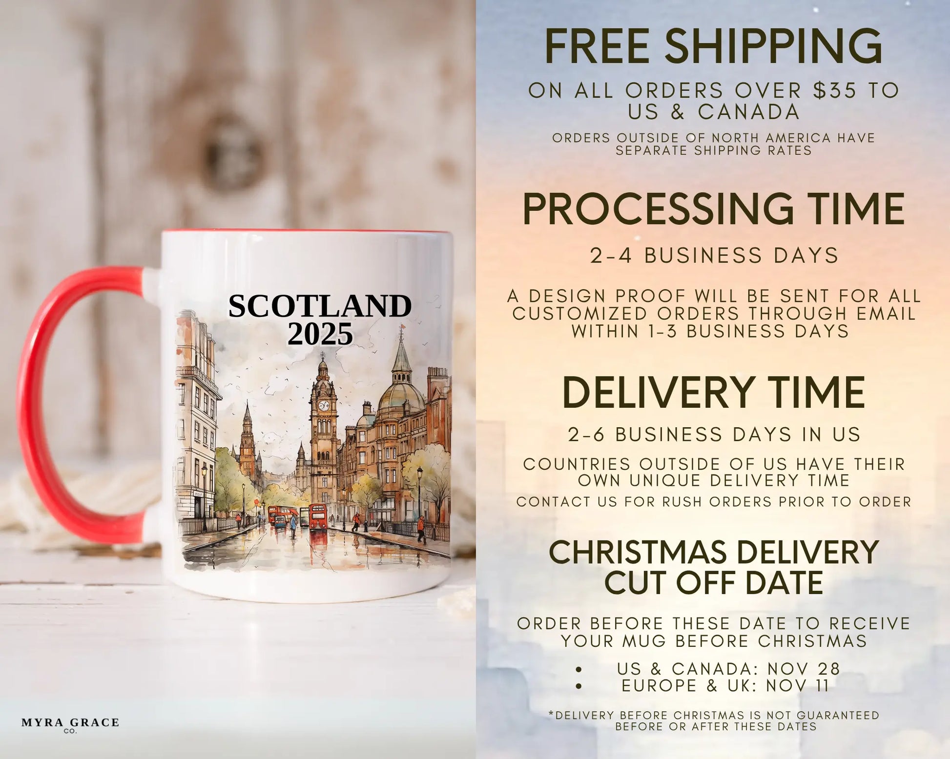 Custom ceramic Scotland vacation mug with watercolor location design, date, and personal photo – personalized travel gift or photo mug. Free shipping