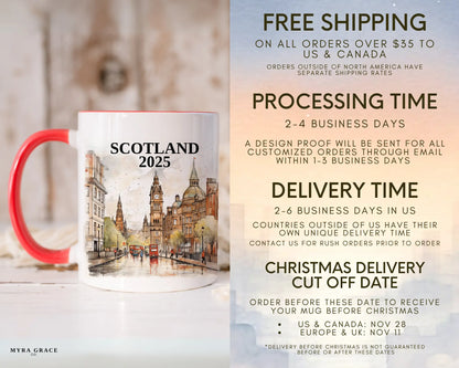 Custom ceramic Scotland vacation mug with watercolor location design, date, and personal photo – personalized travel gift or photo mug. Free shipping