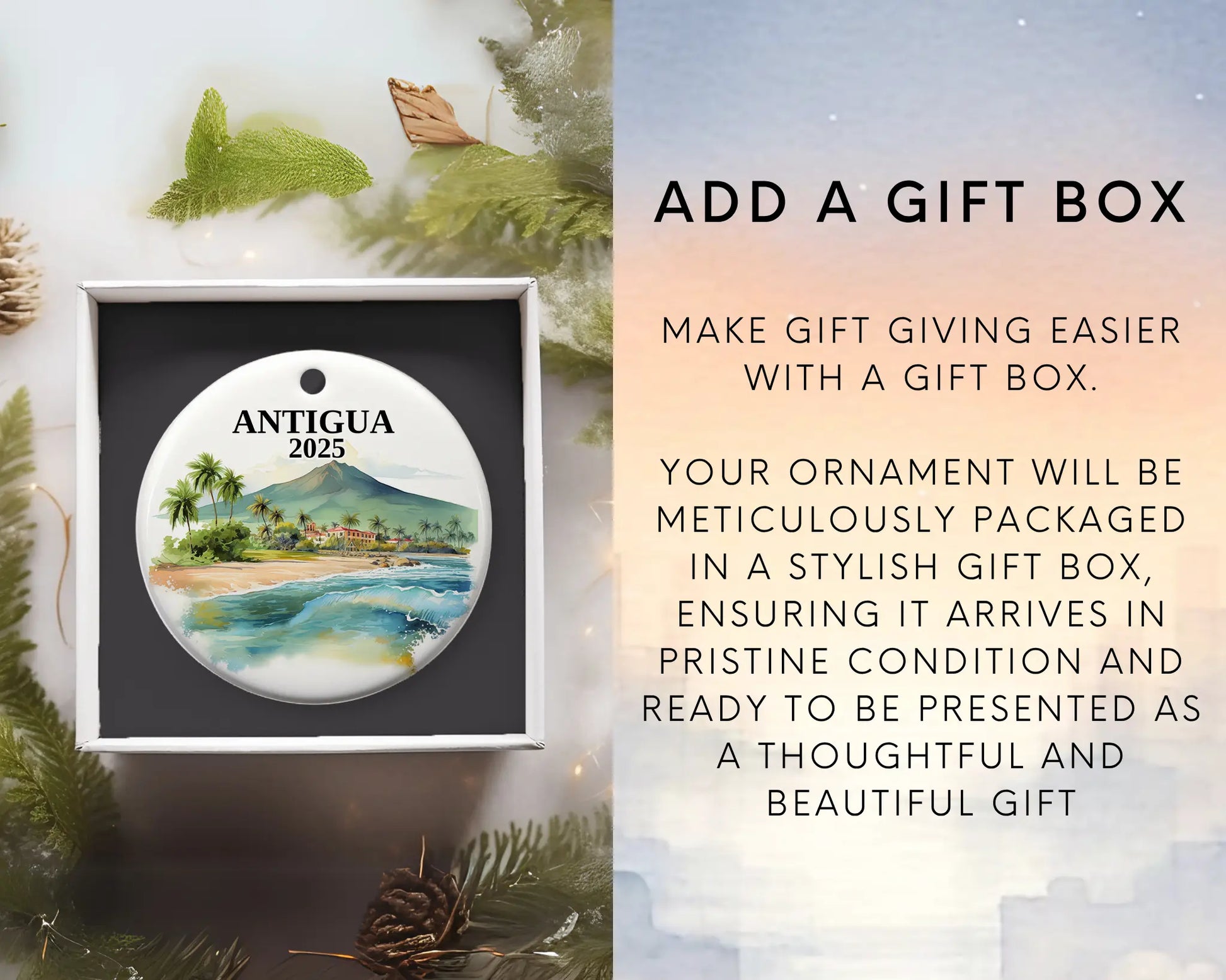 Custom Antigua Guatemala ceramic photo ornament with personalized message – handmade Christmas bauble, gift souvenir, or vacation keepsake. Add gift box